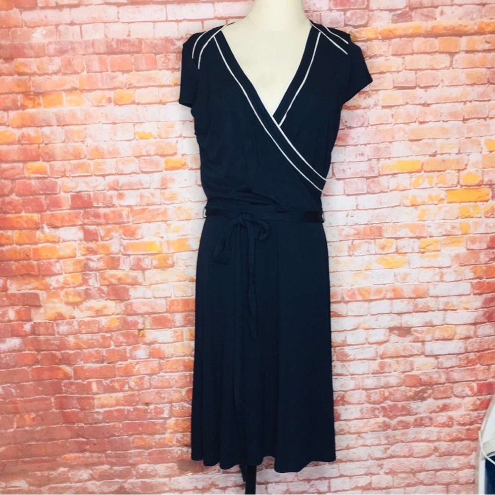 Anne Taylor Loft  Navy and White Cap
Sleeved A-line Belted Wrap Dress